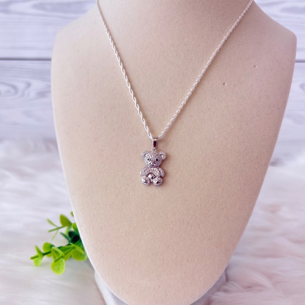 Moissanite 925 Sterling Silver Teddy Bear Necklace with Black Moissanite Eyes